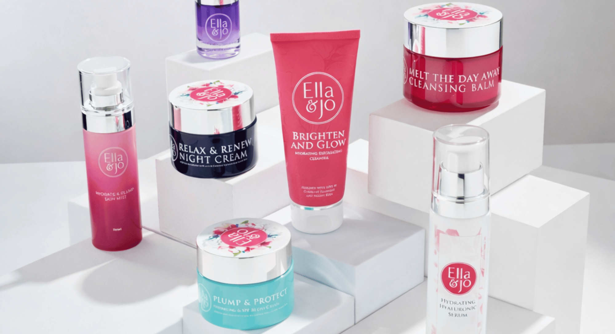 Collection of Ella & Jo skincare products on a white background